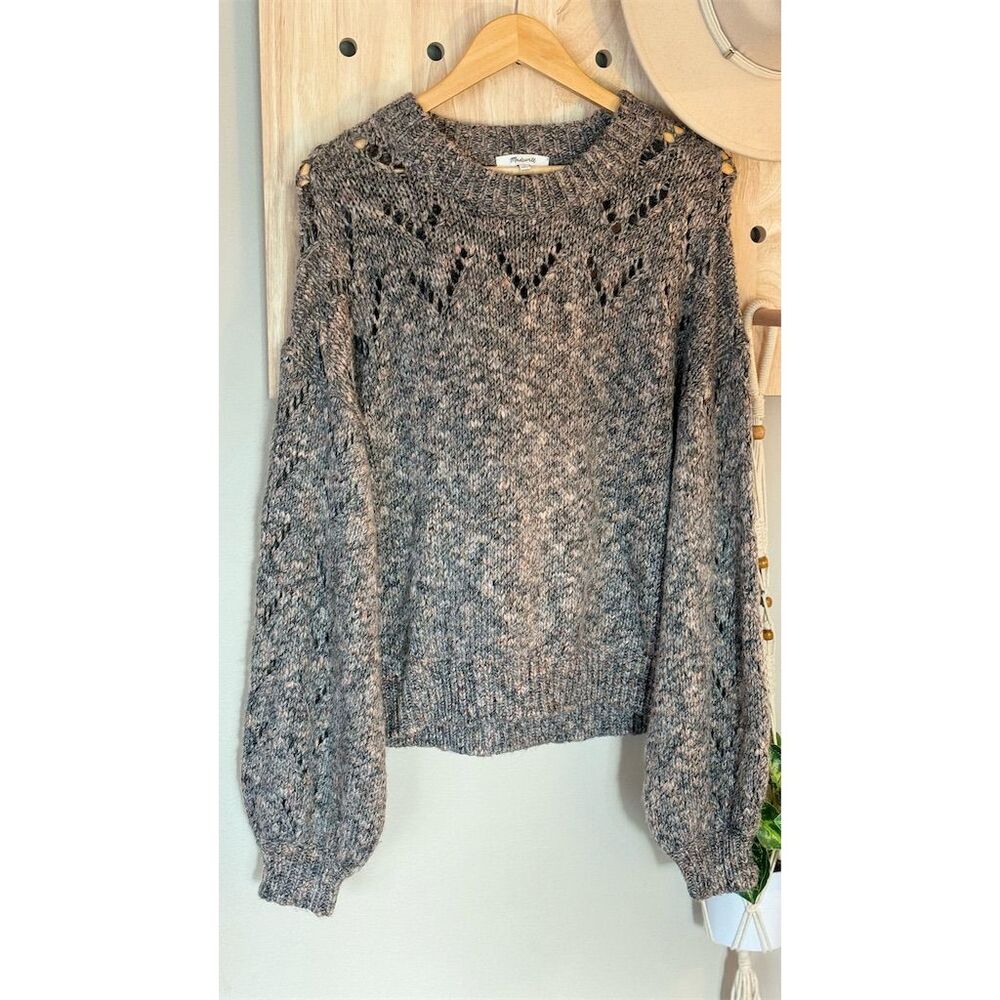 Madewell Women's Gray Pointelle Bubble-Sleeve Pullover Sweater Size L